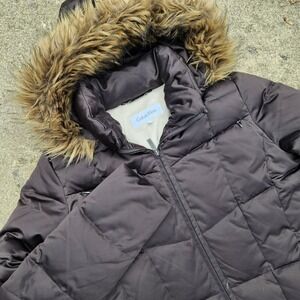 Calvin Klein Down Puffer Jacket Black Coat‎ Fur Hooded Small Sherpa Lined Duck